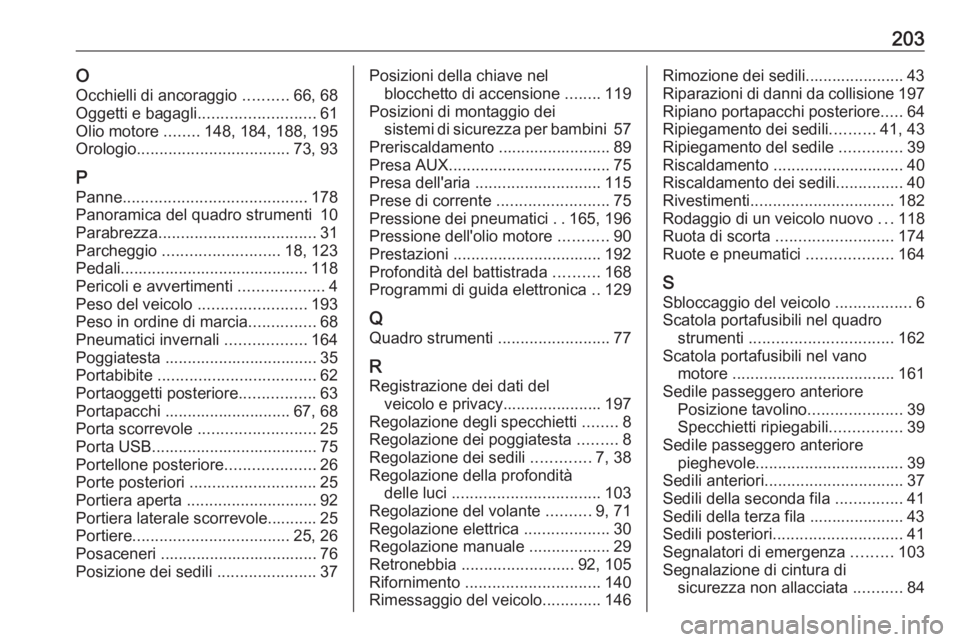 OPEL COMBO 2017  Manuale di uso e manutenzione (in Italian) 203OOcchielli di ancoraggio  ..........66, 68
Oggetti e bagagli .......................... 61
Olio motore  ........148, 184, 188, 195
Orologio .................................. 73, 93
P Panne .......