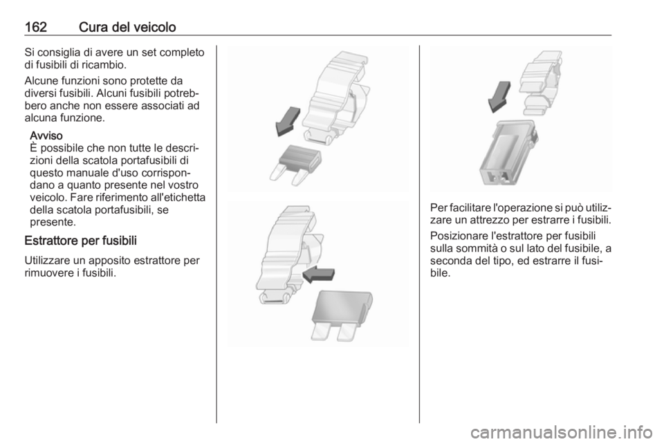 OPEL COMBO D 2018 Manuale di uso e manutenzione (in Italian) 162Cura del veicoloSi consiglia di avere un set completodi fusibili di ricambio.
Alcune funzioni sono protette da
diversi fusibili. Alcuni fusibili potreb‐
bero anche non essere associati ad
alcuna OPEL COMBO D 2018 Manuale di uso e manutenzione (in Italian) 162Cura del veicoloSi consiglia di avere un set completodi fusibili di ricambio.
Alcune funzioni sono protette da
diversi fusibili. Alcuni fusibili potreb‐
bero anche non essere associati ad
alcuna
