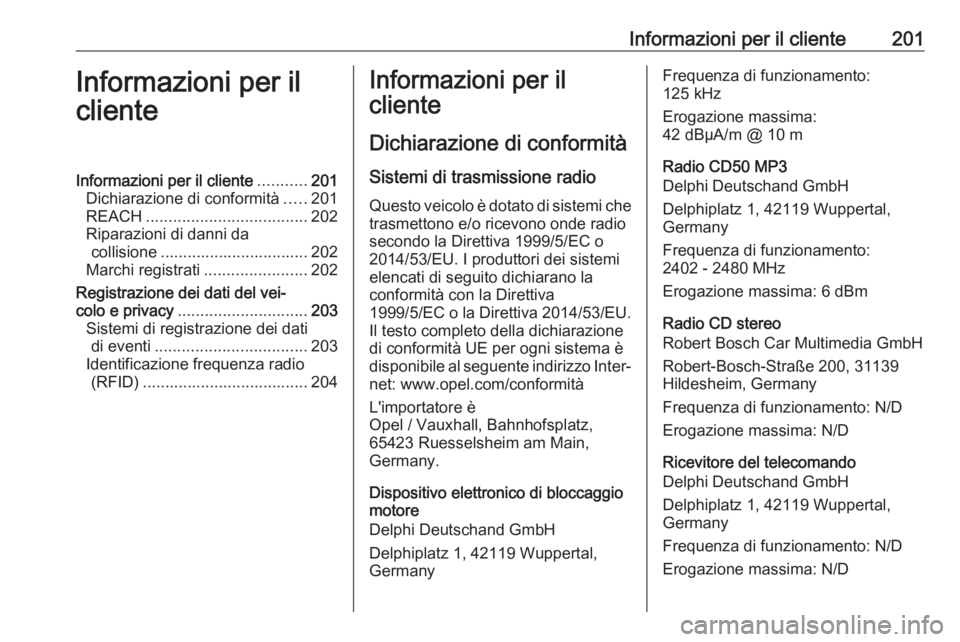 OPEL COMBO D 2018 Manuale di uso e manutenzione (in Italian) Informazioni per il cliente201Informazioni per il
clienteInformazioni per il cliente ...........201
Dichiarazione di conformità .....201
REACH .................................... 202
Riparazioni di OPEL COMBO D 2018 Manuale di uso e manutenzione (in Italian) Informazioni per il cliente201Informazioni per il
clienteInformazioni per il cliente ...........201
Dichiarazione di conformità .....201
REACH .................................... 202
Riparazioni di