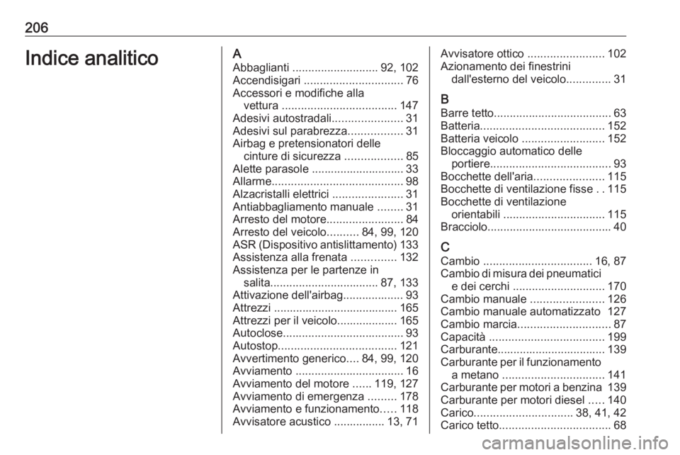 OPEL COMBO D 2018 Manuale di uso e manutenzione (in Italian) 206Indice analiticoAAbbaglianti ........................... 92, 102
Accendisigari ............................... 76
Accessori e modifiche alla vettura .................................... 147
Ades OPEL COMBO D 2018 Manuale di uso e manutenzione (in Italian) 206Indice analiticoAAbbaglianti ........................... 92, 102
Accendisigari ............................... 76
Accessori e modifiche alla vettura .................................... 147
Ades
