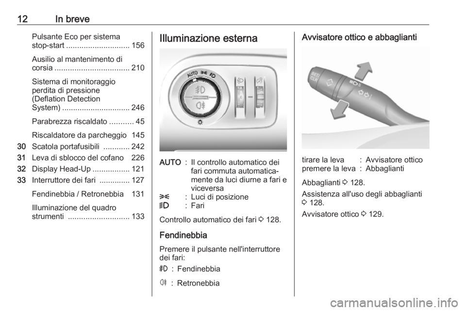 OPEL COMBO E 2019  Manuale di uso e manutenzione (in Italian) 12In brevePulsante Eco per sistema
stop-start ............................. 156
Ausilio al mantenimento di
corsia .................................. 210
Sistema di monitoraggio
perdita di pressione
(D