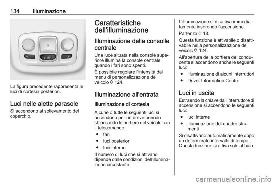 OPEL COMBO E 2019 Manuale di uso e manutenzione (in Italian) 134Illuminazione
La figura precedente rappresenta le
luci di cortesia posteriori.
Luci nelle alette parasole
Si accendono al sollevamento del
coperchio.
Caratteristiche
dell'illuminazione
Illumina OPEL COMBO E 2019 Manuale di uso e manutenzione (in Italian) 134Illuminazione
La figura precedente rappresenta le
luci di cortesia posteriori.
Luci nelle alette parasole
Si accendono al sollevamento del
coperchio.
Caratteristiche
dell'illuminazione
Illumina