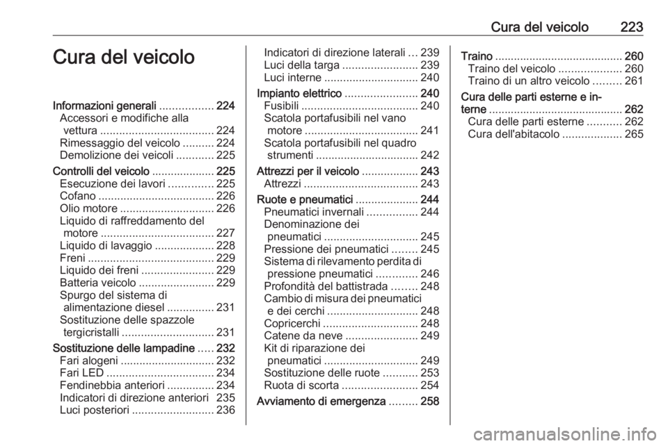 OPEL COMBO E 2019  Manuale di uso e manutenzione (in Italian) Cura del veicolo223Cura del veicoloInformazioni generali.................224
Accessori e modifiche alla vettura .................................... 224
Rimessaggio del veicolo ..........224
Demolizio