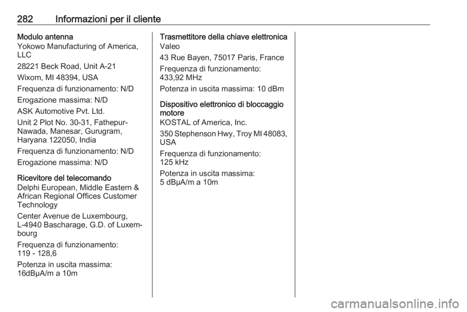 OPEL COMBO E 2019 Manuale di uso e manutenzione (in Italian) 282Informazioni per il clienteModulo antenna
Yokowo Manufacturing of America,
LLC
28221 Beck Road, Unit A-21
Wixom, MI 48394, USA
Frequenza di funzionamento: N/D
Erogazione massima: N/D
ASK Automotive OPEL COMBO E 2019 Manuale di uso e manutenzione (in Italian) 282Informazioni per il clienteModulo antenna
Yokowo Manufacturing of America,
LLC
28221 Beck Road, Unit A-21
Wixom, MI 48394, USA
Frequenza di funzionamento: N/D
Erogazione massima: N/D
ASK Automotive