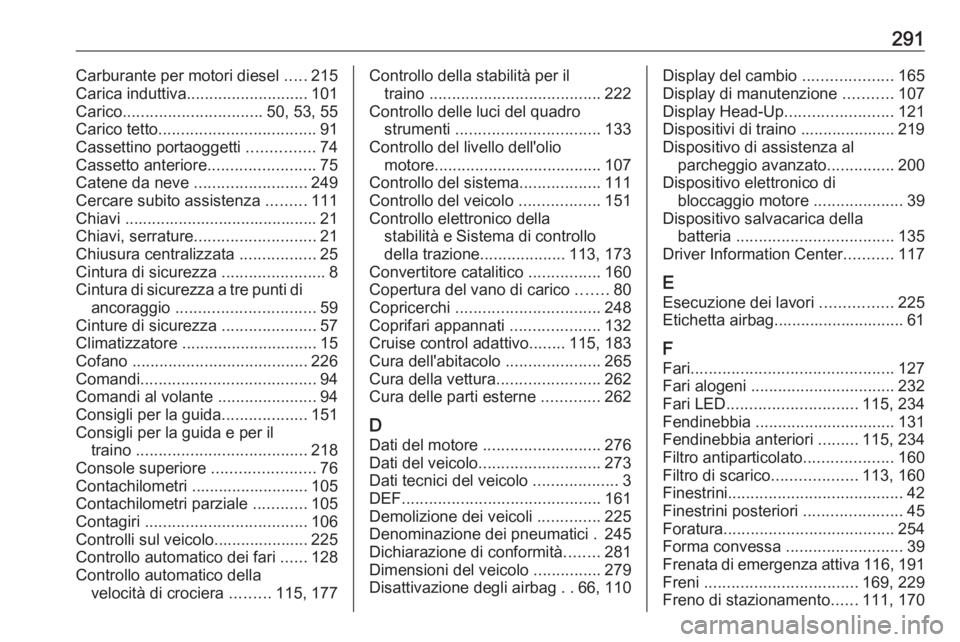 OPEL COMBO E 2019  Manuale di uso e manutenzione (in Italian) 291Carburante per motori diesel .....215
Carica induttiva ........................... 101
Carico ............................... 50, 53, 55
Carico tetto ................................... 91
Cassetti