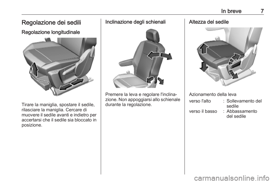 OPEL COMBO E 2019  Manuale di uso e manutenzione (in Italian) In breve7Regolazione dei sediliRegolazione longitudinale
Tirare la maniglia, spostare il sedile,
rilasciare la maniglia. Cercare di
muovere il sedile avanti e indietro per accertarsi che il sedile sia