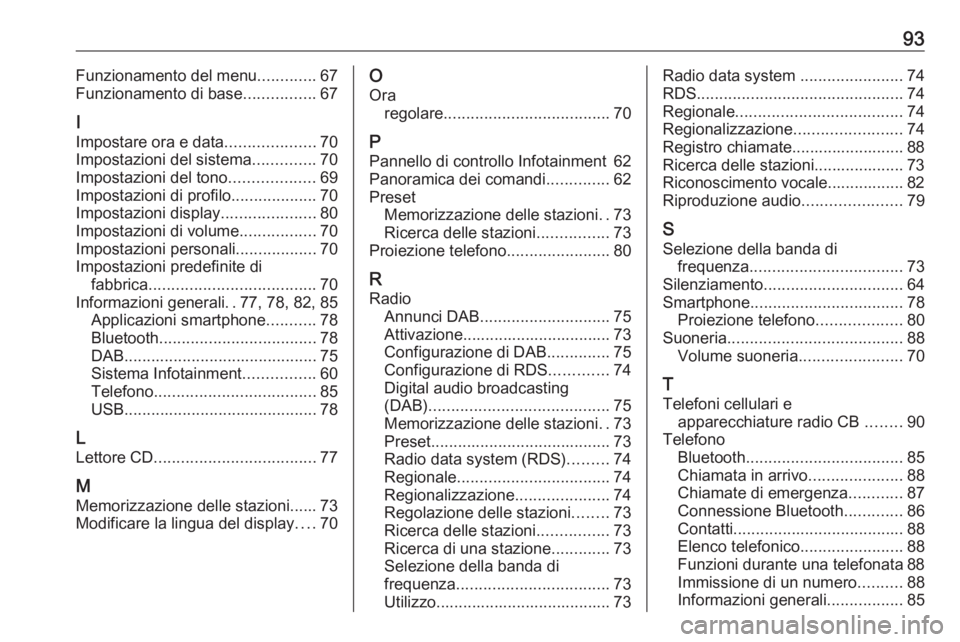 OPEL COMBO E 2019.1 Manuale del sistema Infotainment (in Italian) 93Funzionamento del menu.............67
Funzionamento di base ................67
I
Impostare ora e data ....................70
Impostazioni del sistema ..............70
Impostazioni del tono ......... OPEL COMBO E 2019.1 Manuale del sistema Infotainment (in Italian) 93Funzionamento del menu.............67
Funzionamento di base ................67
I
Impostare ora e data ....................70
Impostazioni del sistema ..............70
Impostazioni del tono .........
