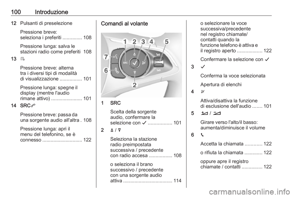 OPEL COMBO E 2019.1 Manuale del sistema Infotainment (in Italian) 100Introduzione12Pulsanti di preselezione
Pressione breve:
seleziona i preferiti ..............108
Pressione lunga: salva le
stazioni radio come preferiti 108
13 Î
Pressione breve: alterna
tra i dive OPEL COMBO E 2019.1 Manuale del sistema Infotainment (in Italian) 100Introduzione12Pulsanti di preselezione
Pressione breve:
seleziona i preferiti ..............108
Pressione lunga: salva le
stazioni radio come preferiti 108
13 Î
Pressione breve: alterna
tra i dive