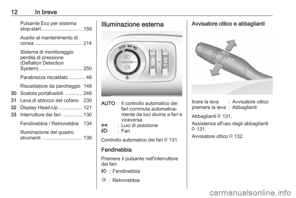 OPEL COMBO E 2019.1 Manuale di uso e manutenzione (in Italian) 12In brevePulsante Eco per sistema
stop-start ............................. 159
Ausilio al mantenimento di
corsia .................................. 214
Sistema di monitoraggio
perdita di pressione
(D OPEL COMBO E 2019.1 Manuale di uso e manutenzione (in Italian) 12In brevePulsante Eco per sistema
stop-start ............................. 159
Ausilio al mantenimento di
corsia .................................. 214
Sistema di monitoraggio
perdita di pressione
(D