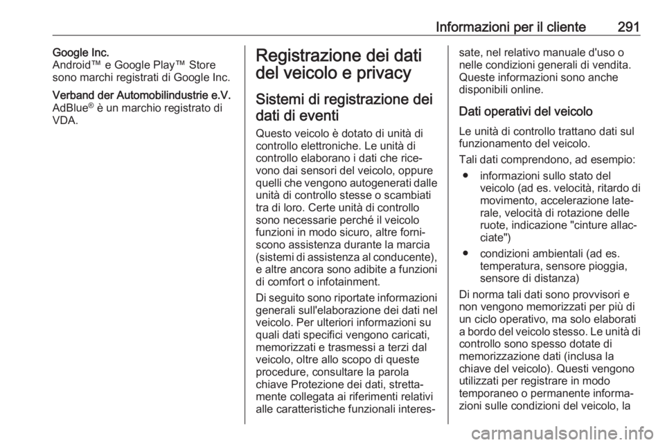 OPEL COMBO E 2019.1 Manuale di uso e manutenzione (in Italian) Informazioni per il cliente291Google Inc.
Android™ e Google Play™ Store sono marchi registrati di Google Inc.Verband der Automobilindustrie e.V.
AdBlue ®
è un marchio registrato di
VDA.Registra OPEL COMBO E 2019.1 Manuale di uso e manutenzione (in Italian) Informazioni per il cliente291Google Inc.
Android™ e Google Play™ Store sono marchi registrati di Google Inc.Verband der Automobilindustrie e.V.
AdBlue ®
è un marchio registrato di
VDA.Registra