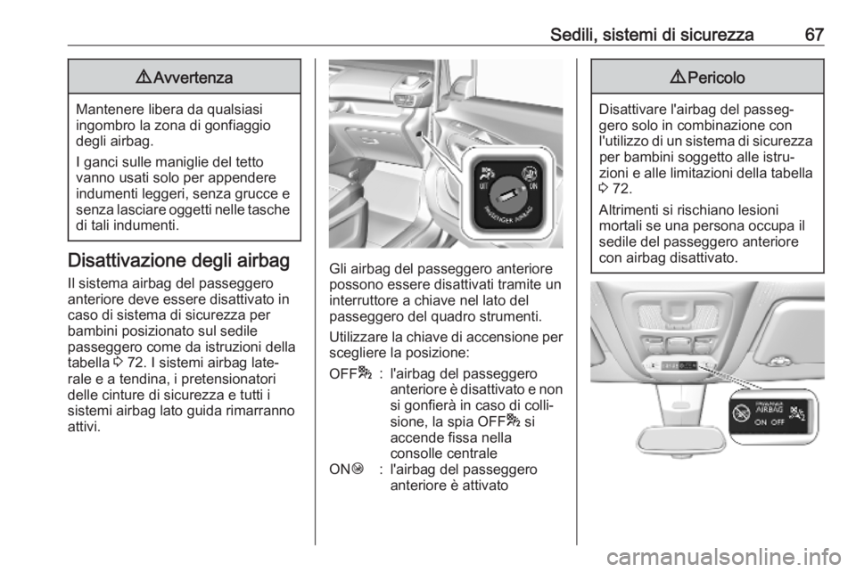 OPEL COMBO E 2019.1 Manuale di uso e manutenzione (in Italian) Sedili, sistemi di sicurezza679Avvertenza
Mantenere libera da qualsiasi
ingombro la zona di gonfiaggio
degli airbag.
I ganci sulle maniglie del tetto
vanno usati solo per appendere
indumenti leggeri, OPEL COMBO E 2019.1 Manuale di uso e manutenzione (in Italian) Sedili, sistemi di sicurezza679Avvertenza
Mantenere libera da qualsiasi
ingombro la zona di gonfiaggio
degli airbag.
I ganci sulle maniglie del tetto
vanno usati solo per appendere
indumenti leggeri,