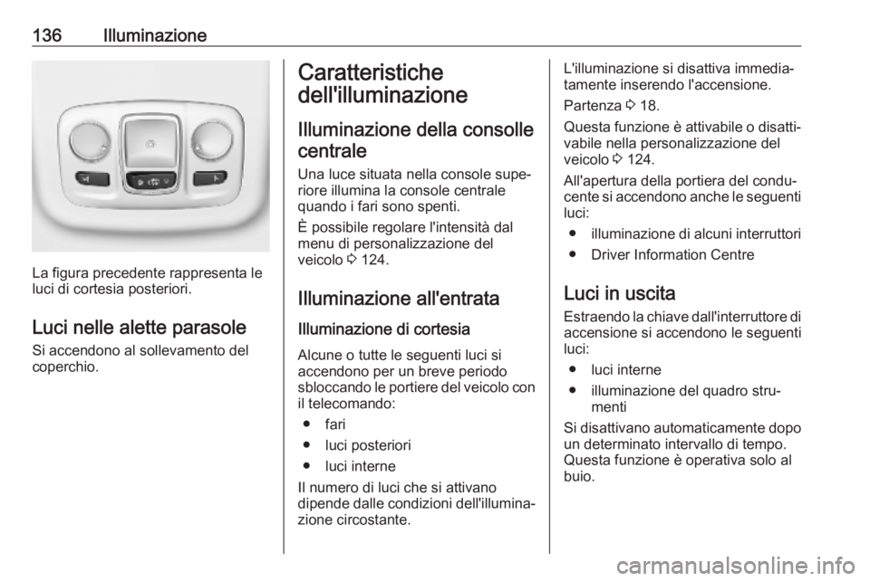 OPEL COMBO E 2019.75  Manuale di uso e manutenzione (in Italian) 136Illuminazione
La figura precedente rappresenta le
luci di cortesia posteriori.
Luci nelle alette parasole
Si accendono al sollevamento del
coperchio.
Caratteristiche
dell'illuminazione
Illumina