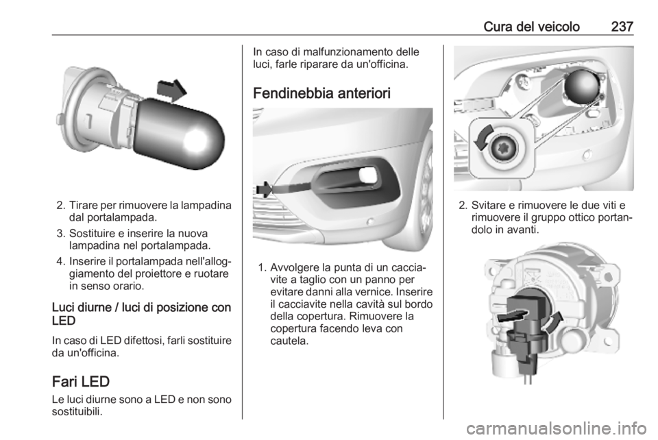 OPEL COMBO E 2019.75  Manuale di uso e manutenzione (in Italian) Cura del veicolo237
2.Tirare per rimuovere la lampadina
dal portalampada.
3. Sostituire e inserire la nuova lampadina nel portalampada.
4. Inserire il portalampada nell'allog‐
giamento del proie