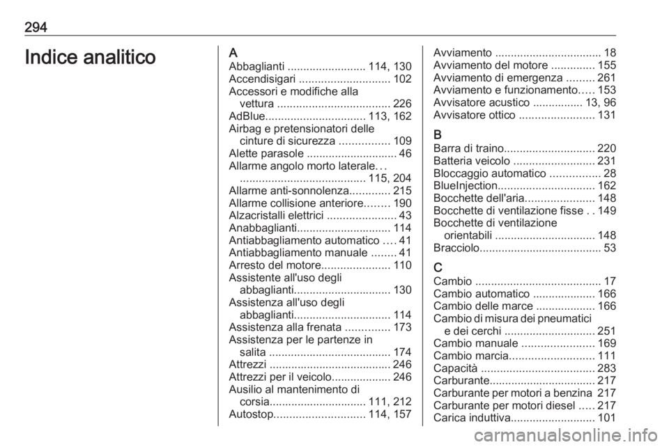 OPEL COMBO E 2019.75 Manuale di uso e manutenzione (in Italian) 294Indice analiticoAAbbaglianti ......................... 114, 130
Accendisigari ............................. 102
Accessori e modifiche alla vettura .................................... 226
AdBlue OPEL COMBO E 2019.75 Manuale di uso e manutenzione (in Italian) 294Indice analiticoAAbbaglianti ......................... 114, 130
Accendisigari ............................. 102
Accessori e modifiche alla vettura .................................... 226
AdBlue
