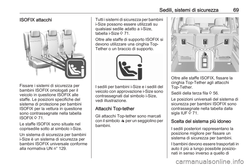 OPEL COMBO E 2019.75  Manuale di uso e manutenzione (in Italian) Sedili, sistemi di sicurezza69ISOFIX attacchi
Fissare i sistemi di sicurezza per
bambini ISOFIX omologati per il
veicolo in questione ISOFIX alle
staffe. Le posizioni specifiche del
sistema di protezi