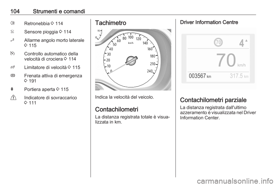 OPEL COMBO E 2020  Manuale di uso e manutenzione (in Italian) 104Strumenti e comandiøRetronebbia 3 114<Sensore pioggia  3 114BAllarme angolo morto laterale
3  115mControllo automatico della
velocità di crociera  3 114ßLimitatore di velocità  3 115ØFrenata a
