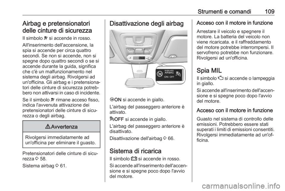 OPEL COMBO E 2020 Manuale di uso e manutenzione (in Italian) Strumenti e comandi109Airbag e pretensionatori
delle cinture di sicurezza
Il simbolo v si accende in rosso.
All'inserimento dell'accensione, la
spia si accende per circa quattro
secondi. Se n OPEL COMBO E 2020 Manuale di uso e manutenzione (in Italian) Strumenti e comandi109Airbag e pretensionatori
delle cinture di sicurezza
Il simbolo v si accende in rosso.
All'inserimento dell'accensione, la
spia si accende per circa quattro
secondi. Se n