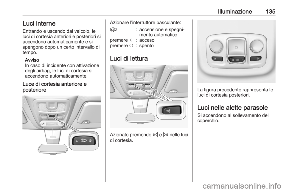 OPEL COMBO E 2020 Manuale di uso e manutenzione (in Italian) Illuminazione135Luci interne
Entrando e uscendo dal veicolo, le luci di cortesia anteriori e posteriori si
accendono automaticamente e si
spengono dopo un certo intervallo di
tempo.
Avviso
In caso di OPEL COMBO E 2020 Manuale di uso e manutenzione (in Italian) Illuminazione135Luci interne
Entrando e uscendo dal veicolo, le luci di cortesia anteriori e posteriori si
accendono automaticamente e si
spengono dopo un certo intervallo di
tempo.
Avviso
In caso di