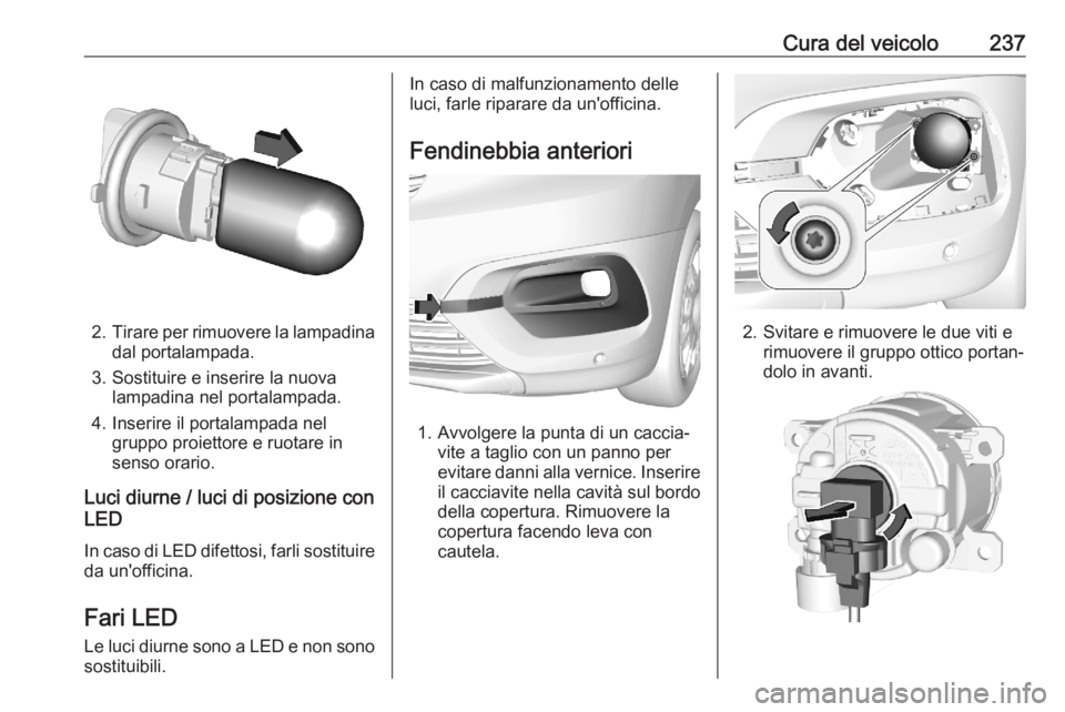 OPEL COMBO E 2020  Manuale di uso e manutenzione (in Italian) Cura del veicolo237
2.Tirare per rimuovere la lampadina
dal portalampada.
3. Sostituire e inserire la nuova lampadina nel portalampada.
4. Inserire il portalampada nel gruppo proiettore e ruotare in
s