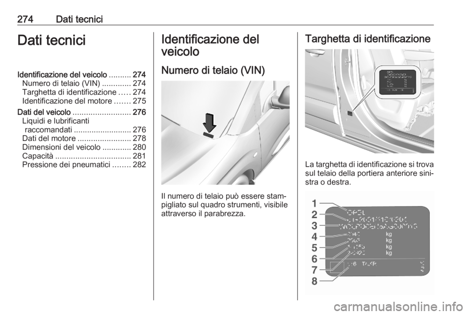 OPEL COMBO E 2020  Manuale di uso e manutenzione (in Italian) 274Dati tecniciDati tecniciIdentificazione del veicolo..........274
Numero di telaio (VIN) .............274
Targhetta di identificazione .....274
Identificazione del motore .......275
Dati del veicolo