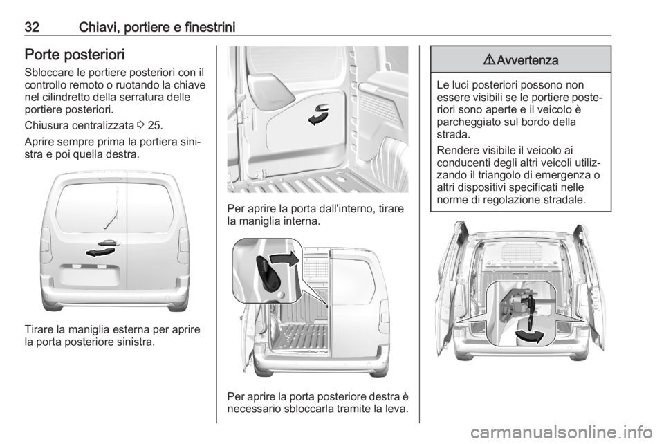 OPEL COMBO E 2020 Manuale di uso e manutenzione (in Italian) 32Chiavi, portiere e finestriniPorte posteriori
Sbloccare le portiere posteriori con il
controllo remoto o ruotando la chiave nel cilindretto della serratura delle
portiere posteriori.
Chiusura centra OPEL COMBO E 2020 Manuale di uso e manutenzione (in Italian) 32Chiavi, portiere e finestriniPorte posteriori
Sbloccare le portiere posteriori con il
controllo remoto o ruotando la chiave nel cilindretto della serratura delle
portiere posteriori.
Chiusura centra