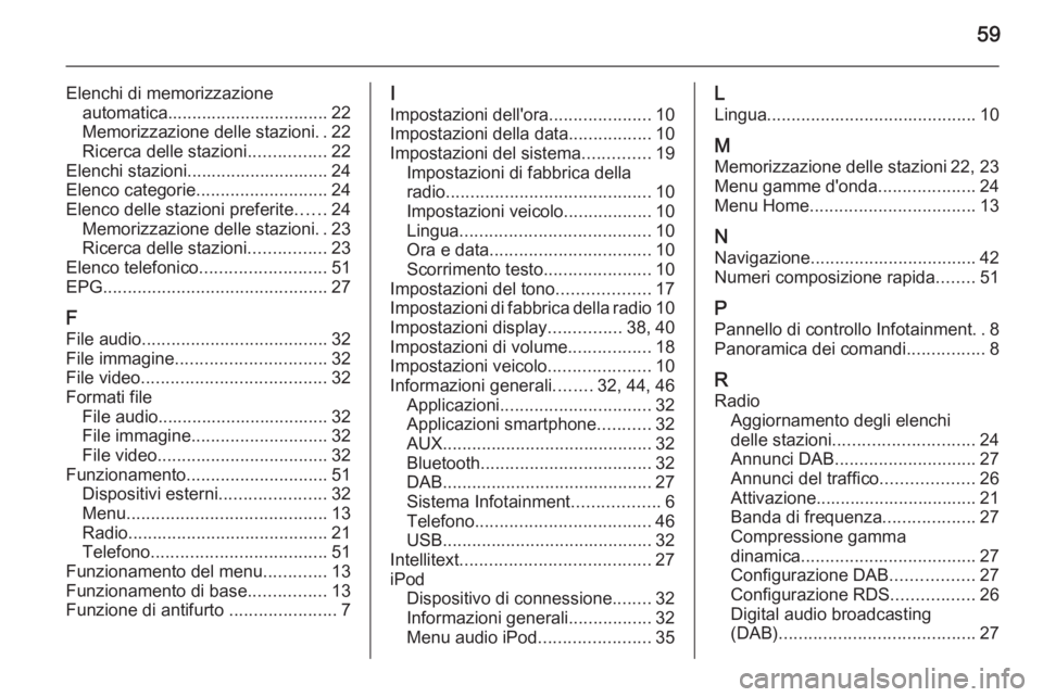 OPEL CORSA 2015 Manuale del sistema Infotainment (in Italian) 59
Elenchi di memorizzazioneautomatica................................. 22
Memorizzazione delle stazioni ..22
Ricerca delle stazioni ................22
Elenchi stazioni............................. 24 OPEL CORSA 2015 Manuale del sistema Infotainment (in Italian) 59
Elenchi di memorizzazioneautomatica................................. 22
Memorizzazione delle stazioni ..22
Ricerca delle stazioni ................22
Elenchi stazioni............................. 24