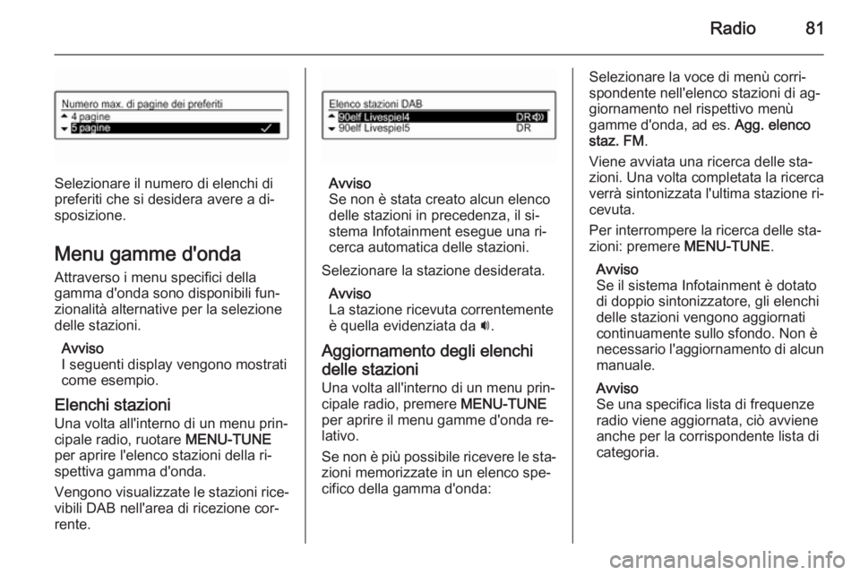 OPEL CORSA 2015 Manuale del sistema Infotainment (in Italian) Radio81
Selezionare il numero di elenchi di
preferiti che si desidera avere a di‐
sposizione.
Menu gamme d'onda
Attraverso i menu specifici della
gamma d'onda sono disponibili fun‐
zionali OPEL CORSA 2015 Manuale del sistema Infotainment (in Italian) Radio81
Selezionare il numero di elenchi di
preferiti che si desidera avere a di‐
sposizione.
Menu gamme d'onda
Attraverso i menu specifici della
gamma d'onda sono disponibili fun‐
zionali
