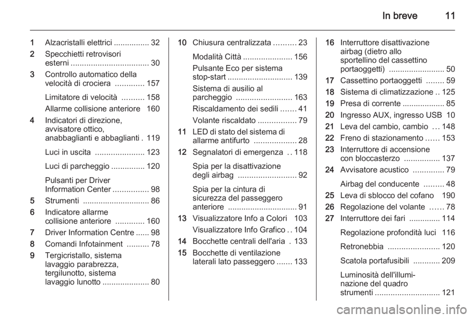 OPEL CORSA 2015  Manuale di uso e manutenzione (in Italian) In breve11
1Alzacristalli elettrici ................ 32
2 Specchietti retrovisori
esterni ................................... 30
3 Controllo automatico della
velocità di crociera  .............157
Li