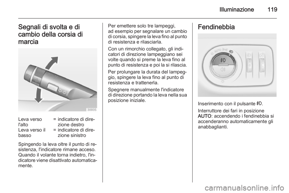 OPEL CORSA 2015 Manuale di uso e manutenzione (in Italian) Illuminazione119Segnali di svolta e di
cambio della corsia di
marciaLeva verso
l'alto=indicatore di dire‐
zione destroLeva verso il
basso=indicatore di dire‐
zione sinistro
Spingendo la leva o OPEL CORSA 2015 Manuale di uso e manutenzione (in Italian) Illuminazione119Segnali di svolta e di
cambio della corsia di
marciaLeva verso
l'alto=indicatore di dire‐
zione destroLeva verso il
basso=indicatore di dire‐
zione sinistro
Spingendo la leva o