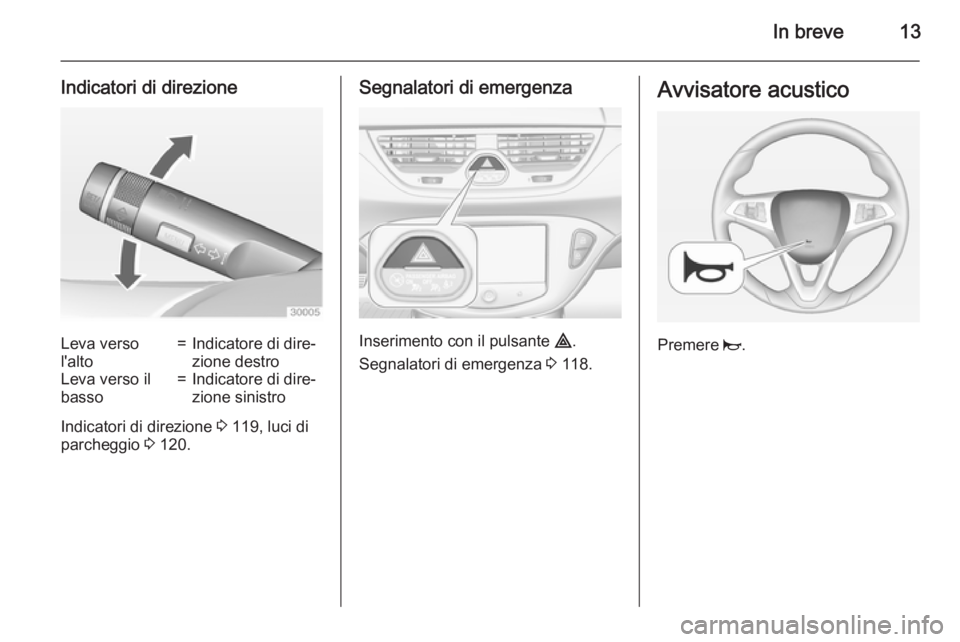 OPEL CORSA 2015  Manuale di uso e manutenzione (in Italian) In breve13
Indicatori di direzioneLeva verso
l'alto=Indicatore di dire‐
zione destroLeva verso il
basso=Indicatore di dire‐
zione sinistro
Indicatori di direzione  3 119, luci di
parcheggio  3 OPEL CORSA 2015  Manuale di uso e manutenzione (in Italian) In breve13
Indicatori di direzioneLeva verso
l'alto=Indicatore di dire‐
zione destroLeva verso il
basso=Indicatore di dire‐
zione sinistro
Indicatori di direzione  3 119, luci di
parcheggio  3