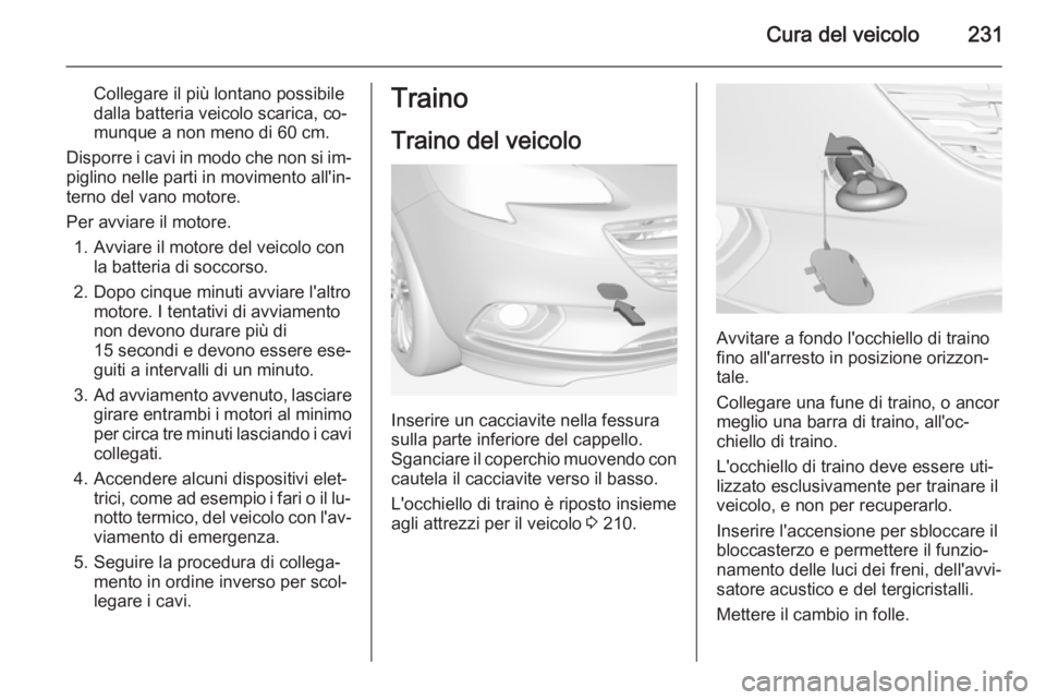 OPEL CORSA 2015 Manuale di uso e manutenzione (in Italian) Cura del veicolo231
Collegare il più lontano possibile
dalla batteria veicolo scarica, co‐
munque a non meno di 60 cm.
Disporre i cavi in modo che non si im‐ piglino nelle parti in movimento all& OPEL CORSA 2015 Manuale di uso e manutenzione (in Italian) Cura del veicolo231
Collegare il più lontano possibile
dalla batteria veicolo scarica, co‐
munque a non meno di 60 cm.
Disporre i cavi in modo che non si im‐ piglino nelle parti in movimento all&