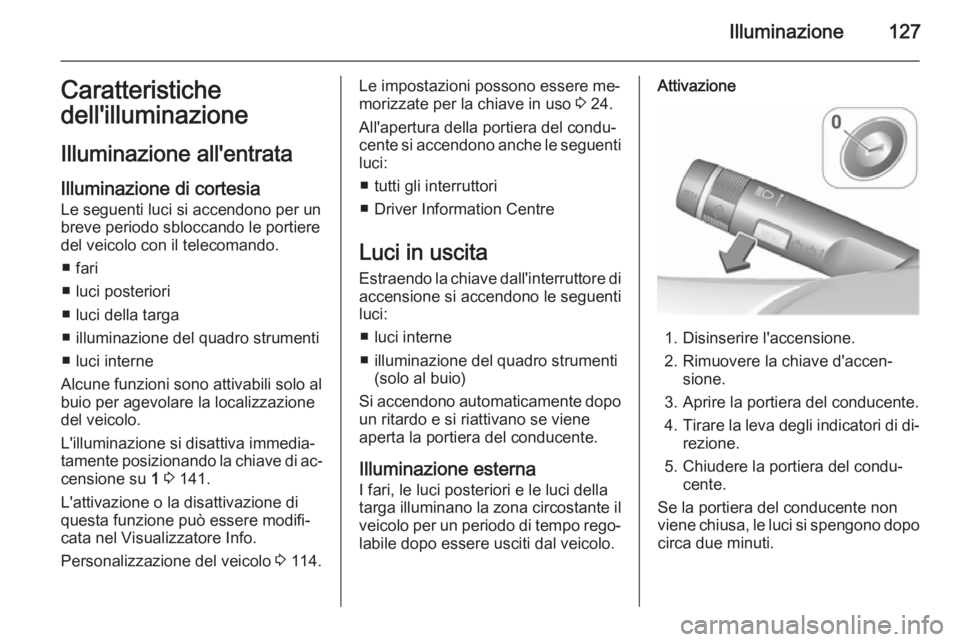OPEL CORSA 2015.75 Manuale di uso e manutenzione (in Italian) Illuminazione127Caratteristichedell'illuminazione
Illuminazione all'entrata
Illuminazione di cortesia Le seguenti luci si accendono per un
breve periodo sbloccando le portiere
del veicolo con OPEL CORSA 2015.75 Manuale di uso e manutenzione (in Italian) Illuminazione127Caratteristichedell'illuminazione
Illuminazione all'entrata
Illuminazione di cortesia Le seguenti luci si accendono per un
breve periodo sbloccando le portiere
del veicolo con