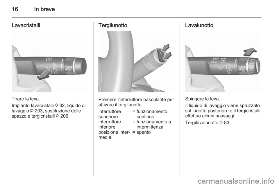 OPEL CORSA 2015.75  Manuale di uso e manutenzione (in Italian) 16In breve
Lavacristalli
Tirare la leva.
Impianto lavacristalli  3 82, liquido di
lavaggio  3 203, sostituzione delle
spazzole tergicristalli  3 206.
Tergilunotto
Premere l'interruttore basculante