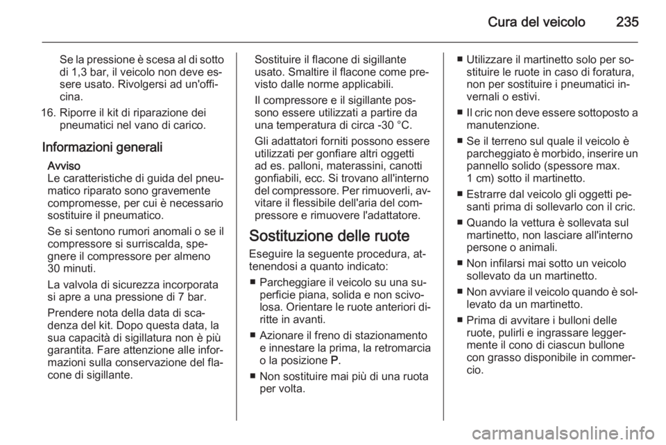 OPEL CORSA 2015.75 Manuale di uso e manutenzione (in Italian) Cura del veicolo235
Se la pressione è scesa al di sotto
di 1,3 bar, il veicolo non deve es‐
sere usato. Rivolgersi ad un'offi‐
cina.
16. Riporre il kit di riparazione dei pneumatici nel vano OPEL CORSA 2015.75 Manuale di uso e manutenzione (in Italian) Cura del veicolo235
Se la pressione è scesa al di sotto
di 1,3 bar, il veicolo non deve es‐
sere usato. Rivolgersi ad un'offi‐
cina.
16. Riporre il kit di riparazione dei pneumatici nel vano