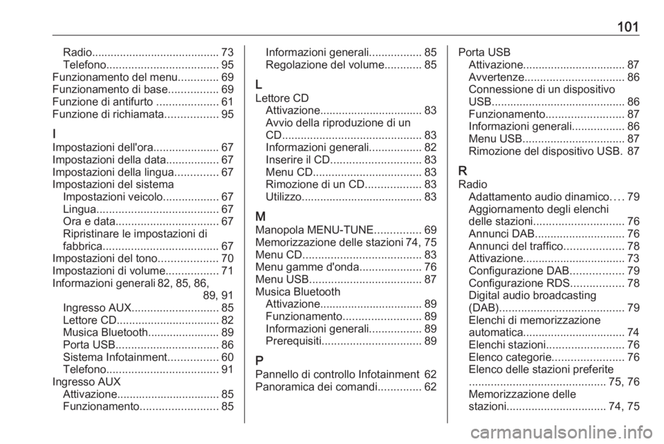 OPEL CORSA 2016  Manuale del sistema Infotainment (in Italian) 101Radio......................................... 73
Telefono .................................... 95
Funzionamento del menu .............69
Funzionamento di base ................69
Funzione di antifu