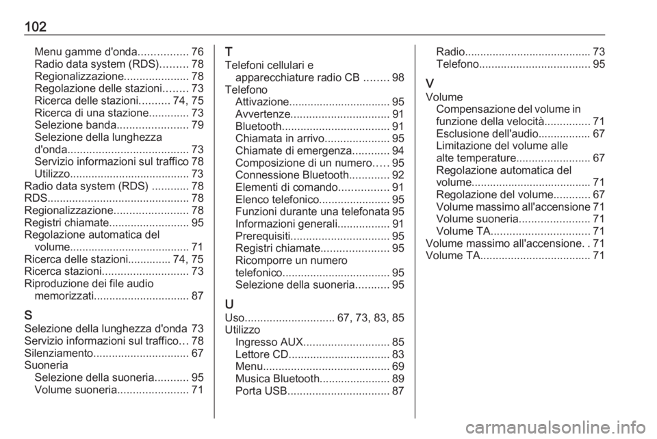 OPEL CORSA 2016  Manuale del sistema Infotainment (in Italian) 102Menu gamme d'onda................76
Radio data system (RDS) .........78
Regionalizzazione .....................78
Regolazione delle stazioni ........73
Ricerca delle stazioni ..........74, 75
R