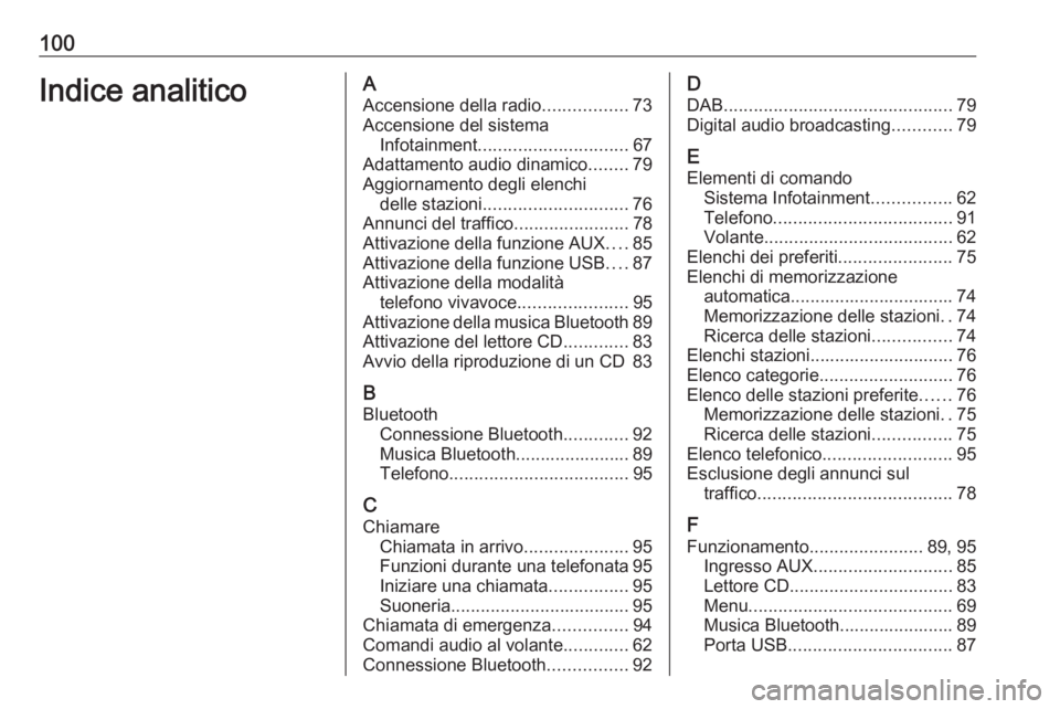 OPEL CORSA 2016 Manuale del sistema Infotainment (in Italian) 100Indice analiticoAAccensione della radio .................73
Accensione del sistema Infotainment .............................. 67
Adattamento audio dinamico ........79
Aggiornamento degli elenchi d OPEL CORSA 2016 Manuale del sistema Infotainment (in Italian) 100Indice analiticoAAccensione della radio .................73
Accensione del sistema Infotainment .............................. 67
Adattamento audio dinamico ........79
Aggiornamento degli elenchi d