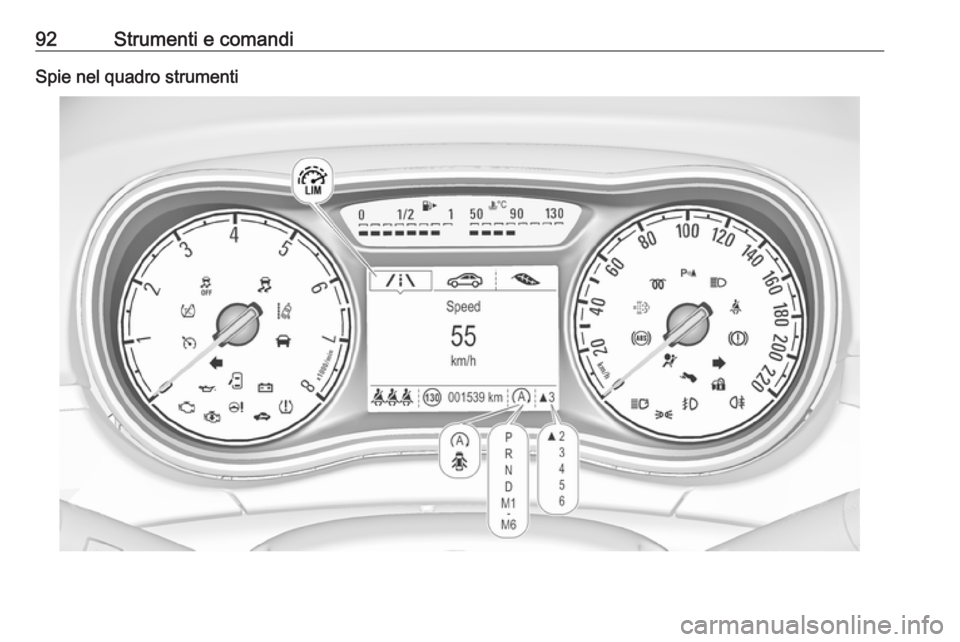 OPEL CORSA 2016 Manuale di uso e manutenzione (in Italian) 92Strumenti e comandiSpie nel quadro strumenti OPEL CORSA 2016 Manuale di uso e manutenzione (in Italian) 92Strumenti e comandiSpie nel quadro strumenti