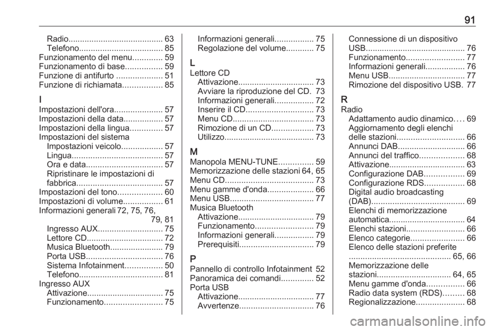 OPEL CORSA 2016.5  Manuale del sistema Infotainment (in Italian) 91Radio......................................... 63
Telefono .................................... 85
Funzionamento del menu .............59
Funzionamento di base ................59
Funzione di antifur