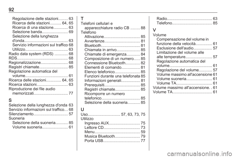 OPEL CORSA 2016.5  Manuale del sistema Infotainment (in Italian) 92Regolazione delle stazioni........63
Ricerca delle stazioni ..........64, 65
Ricerca di una stazione .............63
Selezione banda .......................69
Selezione della lunghezza
d'onda ..