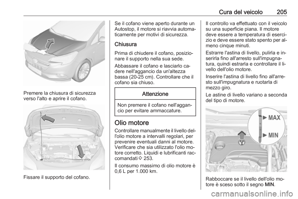 OPEL CORSA 2016.5 Manuale di uso e manutenzione (in Italian) Cura del veicolo205
Premere la chiusura di sicurezza
verso l'alto e aprire il cofano.
Fissare il supporto del cofano.
Se il cofano viene aperto durante un
Autostop, il motore si riavvia automa‐
OPEL CORSA 2016.5 Manuale di uso e manutenzione (in Italian) Cura del veicolo205
Premere la chiusura di sicurezza
verso l'alto e aprire il cofano.
Fissare il supporto del cofano.
Se il cofano viene aperto durante un
Autostop, il motore si riavvia automa‐