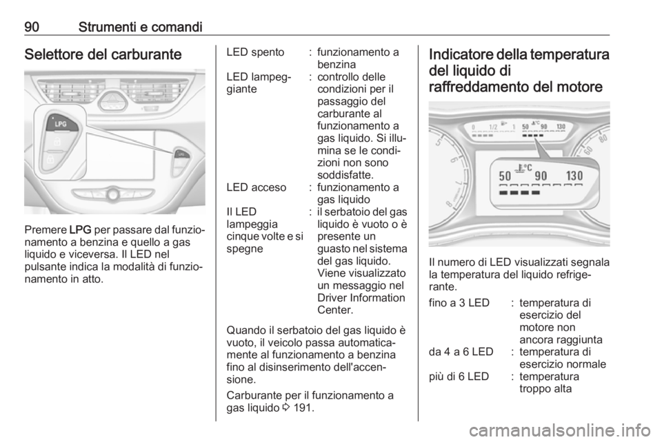 OPEL CORSA 2017 Manuale di uso e manutenzione (in Italian) 90Strumenti e comandiSelettore del carburante
Premere LPG per passare dal funzio‐
namento a benzina e quello a gas
liquido e viceversa. Il LED nel
pulsante indica la modalità di funzio‐
namento i OPEL CORSA 2017 Manuale di uso e manutenzione (in Italian) 90Strumenti e comandiSelettore del carburante
Premere LPG per passare dal funzio‐
namento a benzina e quello a gas
liquido e viceversa. Il LED nel
pulsante indica la modalità di funzio‐
namento i