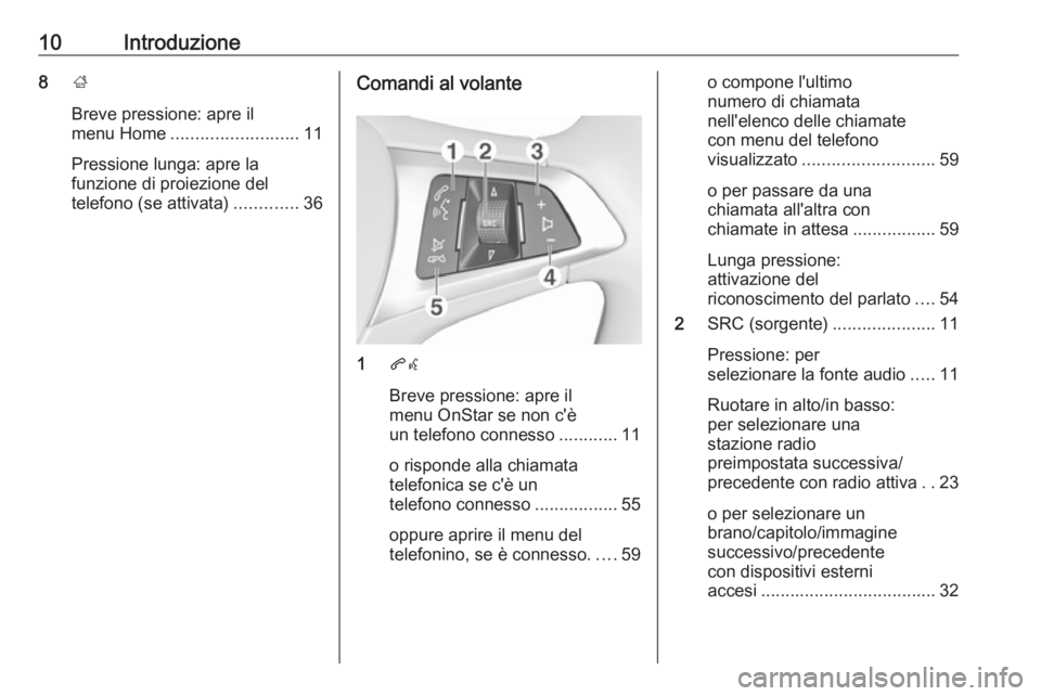 OPEL CORSA E 2017.5  Manuale del sistema Infotainment (in Italian) 10Introduzione8;
Breve pressione: apre il
menu Home .......................... 11
Pressione lunga: apre la
funzione di proiezione del
telefono (se attivata) .............36Comandi al volante
1qw
Breve