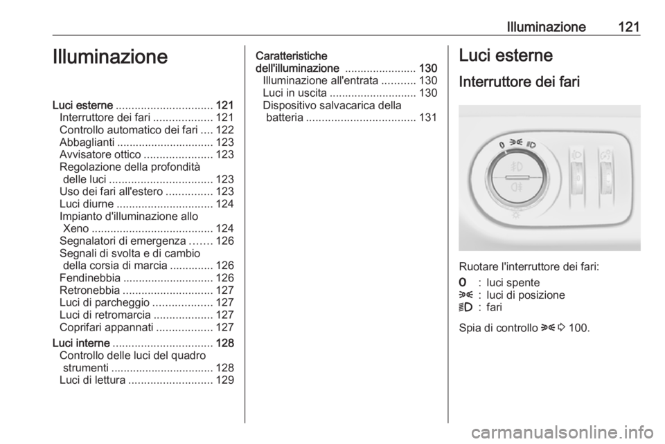 OPEL CORSA E 2018 Manuale di uso e manutenzione (in Italian) Illuminazione121IlluminazioneLuci esterne............................... 121
Interruttore dei fari ...................121
Controllo automatico dei fari ....122
Abbaglianti ............................ OPEL CORSA E 2018 Manuale di uso e manutenzione (in Italian) Illuminazione121IlluminazioneLuci esterne............................... 121
Interruttore dei fari ...................121
Controllo automatico dei fari ....122
Abbaglianti ............................