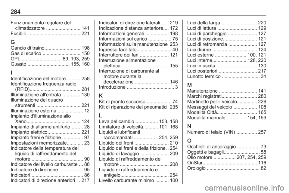 OPEL CORSA E 2018  Manuale di uso e manutenzione (in Italian) 284Funzionamento regolare delclimatizzatore  ......................... 141
Fusibili  ....................................... 221
G Gancio di traino .......................... 198
Gas di scarico  .....