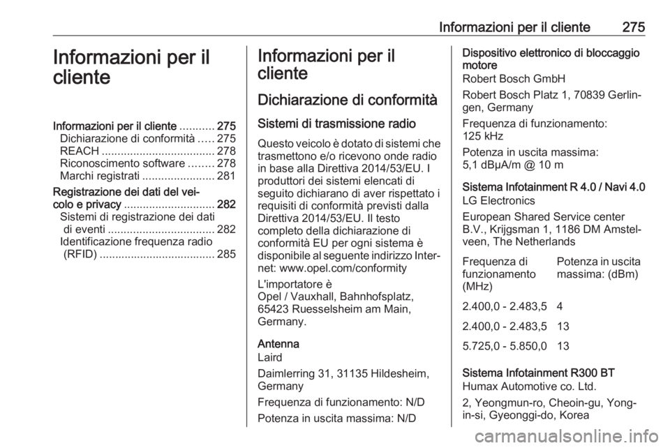OPEL CORSA E 2018.5 Manuale di uso e manutenzione (in Italian) Informazioni per il cliente275Informazioni per il
clienteInformazioni per il cliente ...........275
Dichiarazione di conformità .....275
REACH .................................... 278
Riconoscimento OPEL CORSA E 2018.5 Manuale di uso e manutenzione (in Italian) Informazioni per il cliente275Informazioni per il
clienteInformazioni per il cliente ...........275
Dichiarazione di conformità .....275
REACH .................................... 278
Riconoscimento