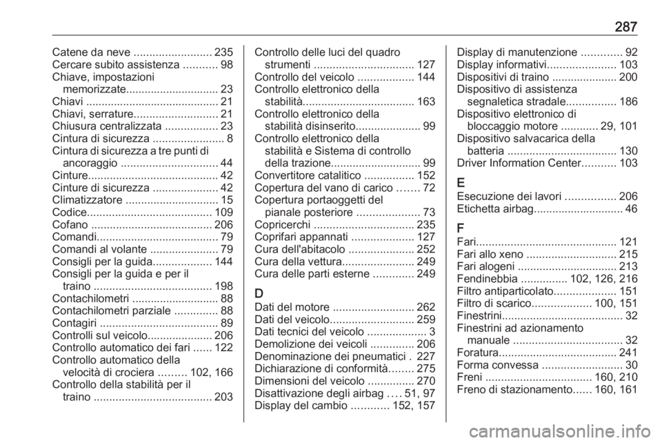 OPEL CORSA E 2018.5 Manuale di uso e manutenzione (in Italian) 287Catene da neve .........................235
Cercare subito assistenza ...........98
Chiave, impostazioni memorizzate.............................. 23
Chiavi ....................................... OPEL CORSA E 2018.5 Manuale di uso e manutenzione (in Italian) 287Catene da neve .........................235
Cercare subito assistenza ...........98
Chiave, impostazioni memorizzate.............................. 23
Chiavi .......................................