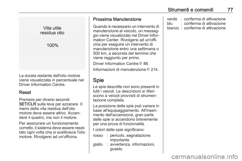 OPEL CORSA E 2019 Manuale di uso e manutenzione (in Italian) Strumenti e comandi77
La durata restante dell'olio motore
viene visualizzata in percentuale nel Driver Information Centre.
Reset Premere per diversi secondi
SET/CLR sulla leva per azzerare. Il
me OPEL CORSA E 2019 Manuale di uso e manutenzione (in Italian) Strumenti e comandi77
La durata restante dell'olio motore
viene visualizzata in percentuale nel Driver Information Centre.
Reset Premere per diversi secondi
SET/CLR sulla leva per azzerare. Il
me