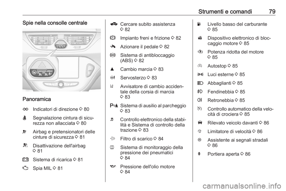 OPEL CORSA E 2019  Manuale di uso e manutenzione (in Italian) Strumenti e comandi79Spie nella consolle centrale
Panoramica
OIndicatori di direzione 3 80XSegnalazione cintura di sicu‐
rezza non allacciata  3 80vAirbag e pretensionatori delle
cinture di sicurezz