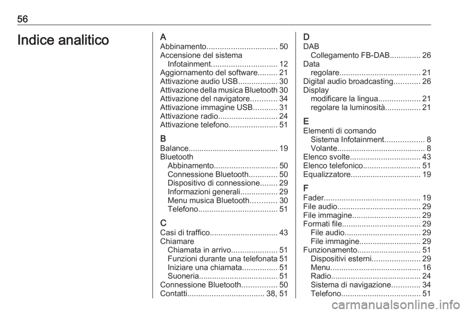 OPEL CORSA F 2020  Manuale del sistema Infotainment (in Italian) 56Indice analiticoAAbbinamento ................................ 50
Accensione del sistema Infotainment .............................. 12
Aggiornamento del software .........21
Attivazione audio USB ..